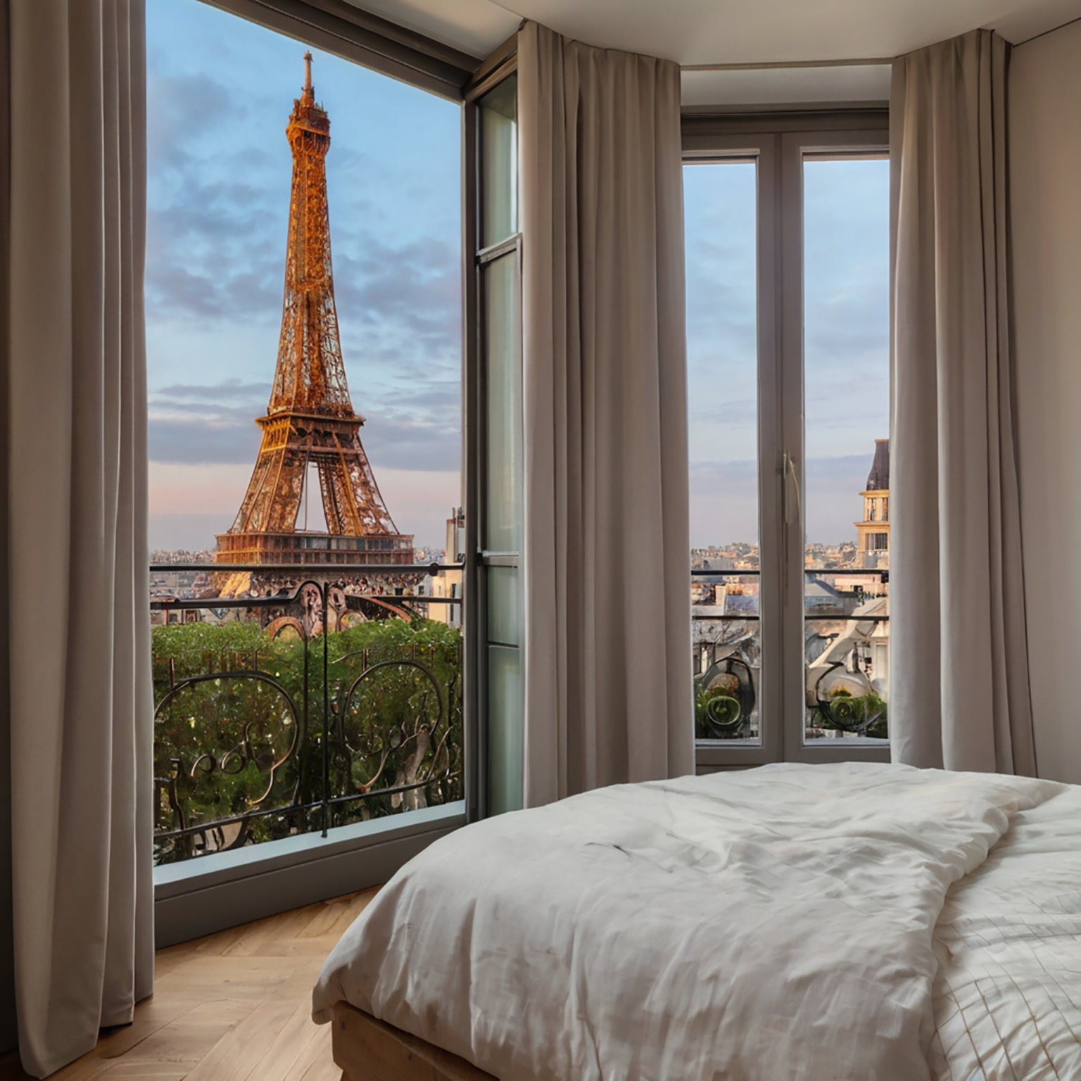 A chic bedroom with a stunning view of the Eiffel Tower