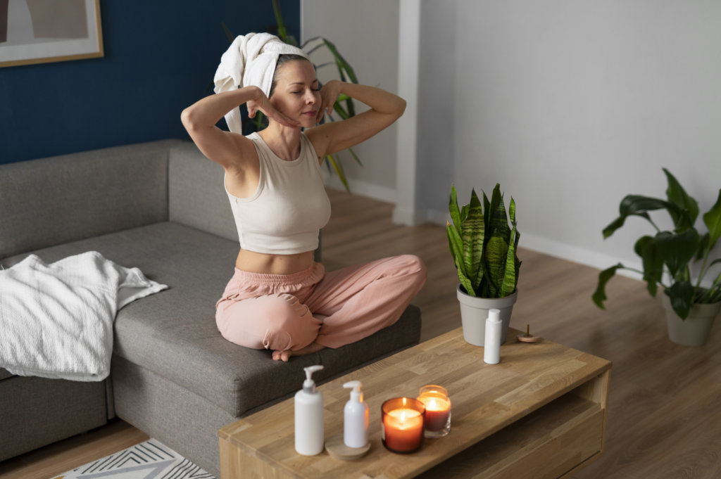 woman practicing facial yoga