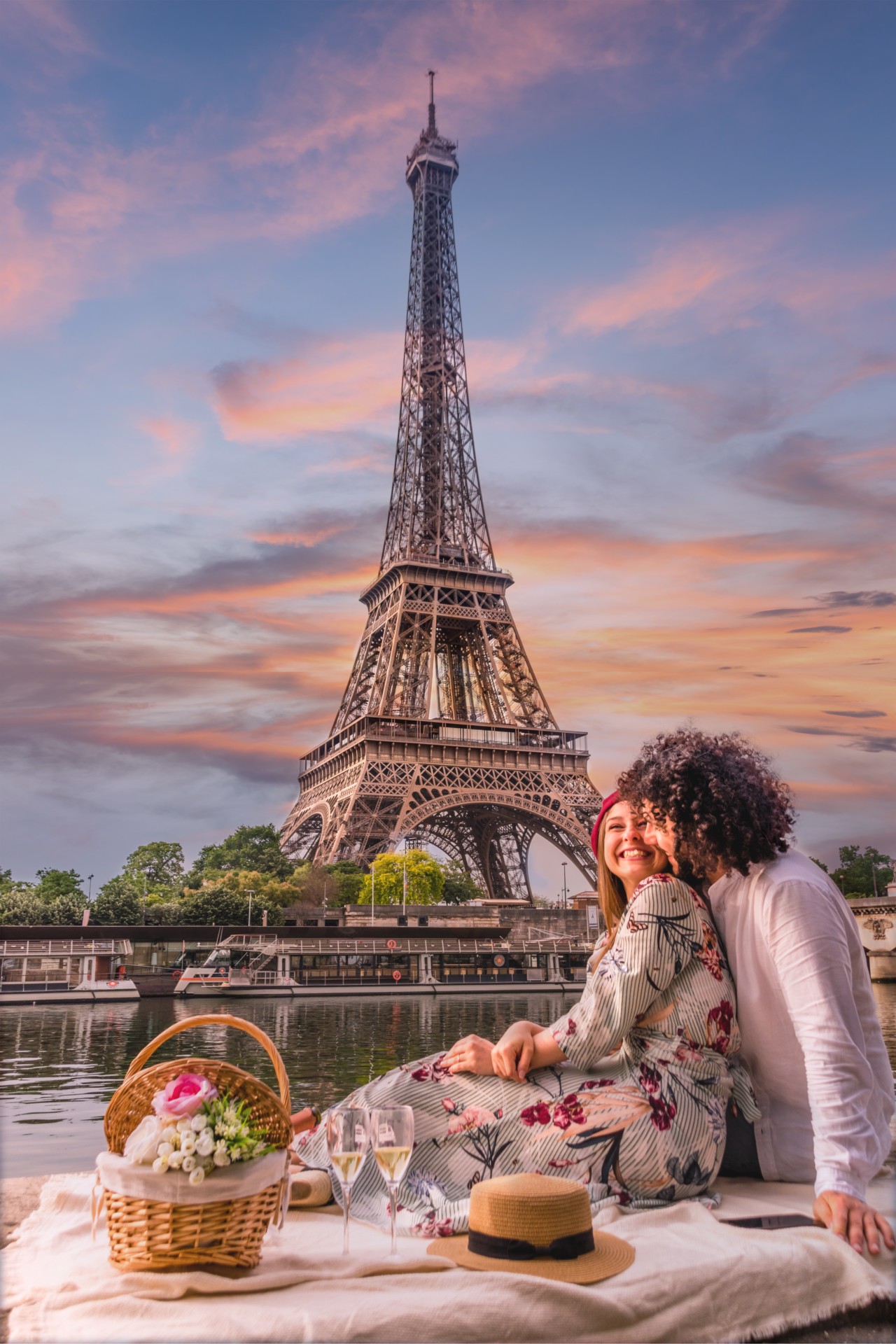 happy couple having wine with view eiffel tower